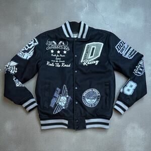 Dodge x Reason Collab Varsity Bomber Jacket Black Gray Embroidered Graphic Sz M